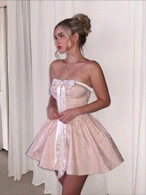 Glamine Charm Pink Satin Bow Mini Dress | Jacquard Peplum Party Dress | S 8/10